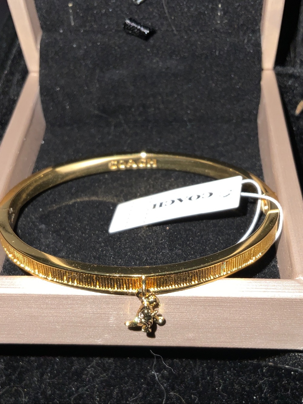 Coach Gold Hinged Bangle Bracelet with Dangling dinosaur Charm